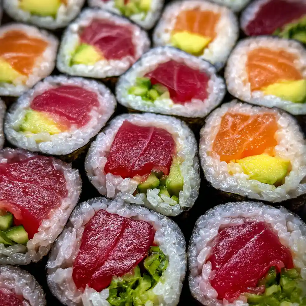 Hand-Rolled Sushi Rolls with Fresh Fish and Avocado