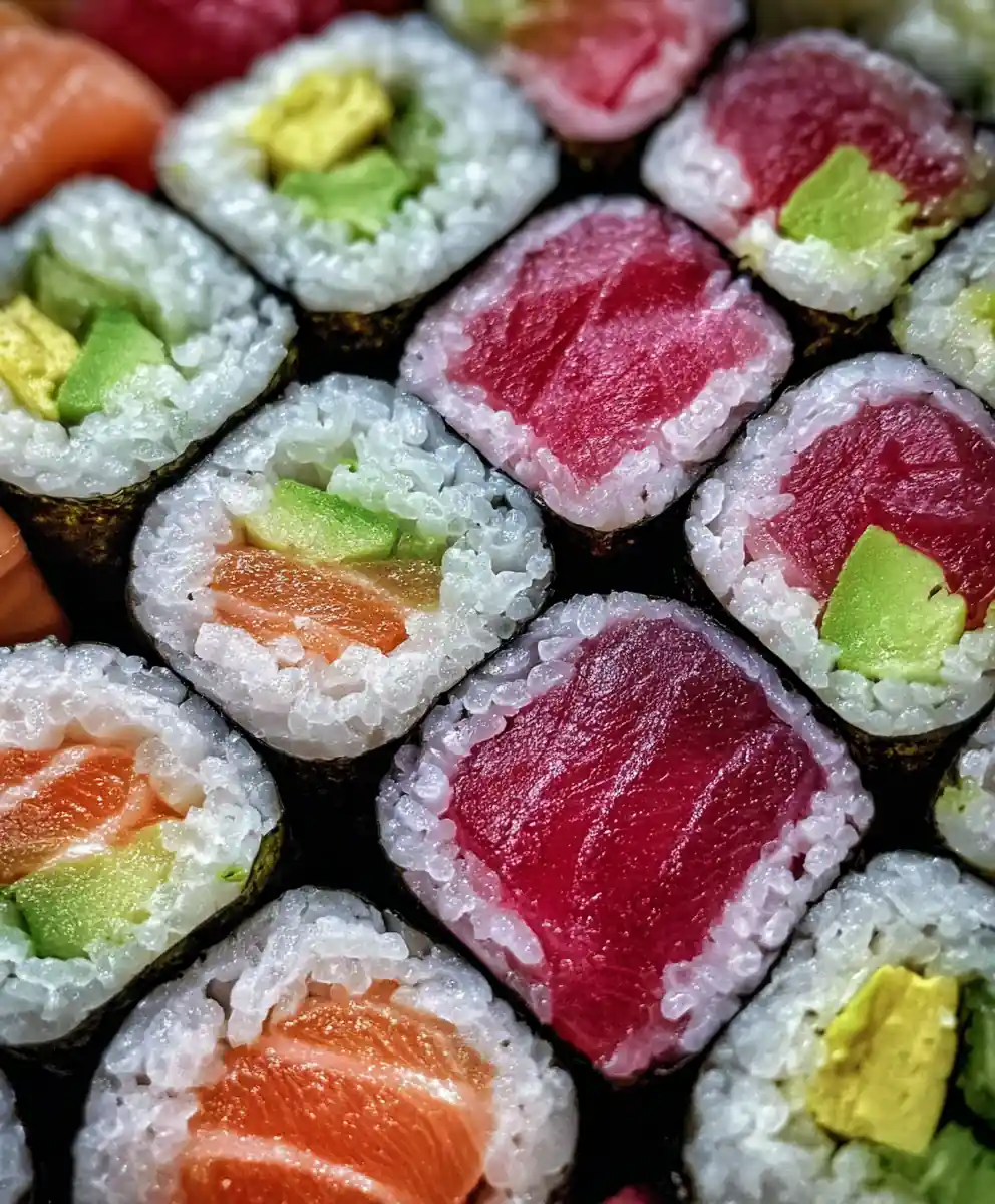 Hand-Rolled Sushi Rolls with Fresh Fish and Avocado