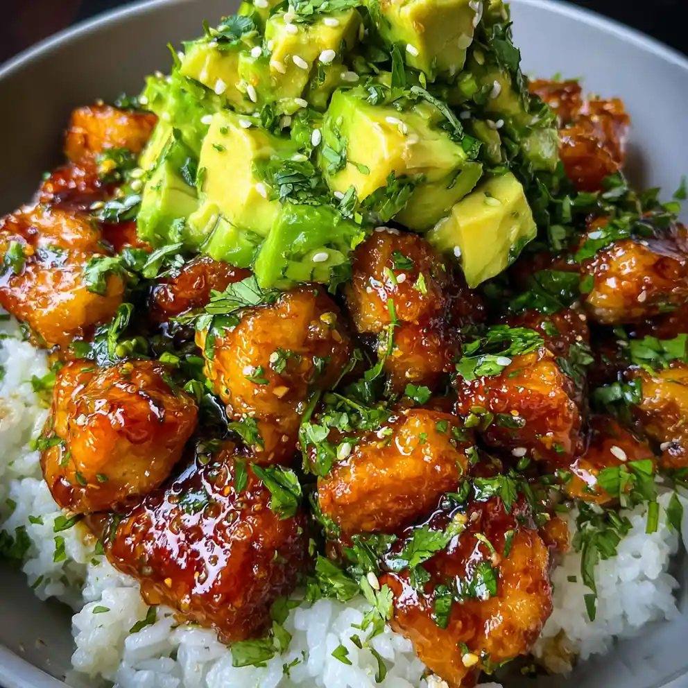 honey lime chicken and avocado rice stack Fresh Bowl