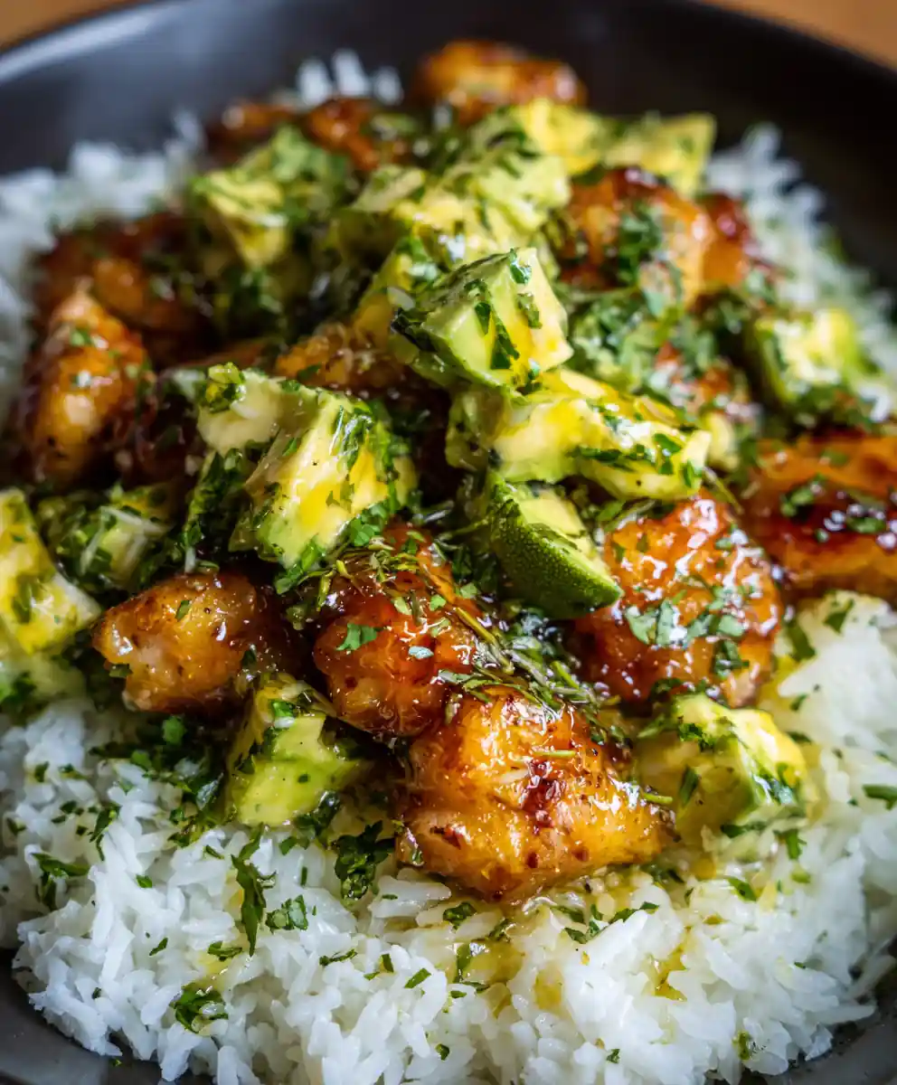 honey lime chicken and avocado rice stack Fresh Bowl