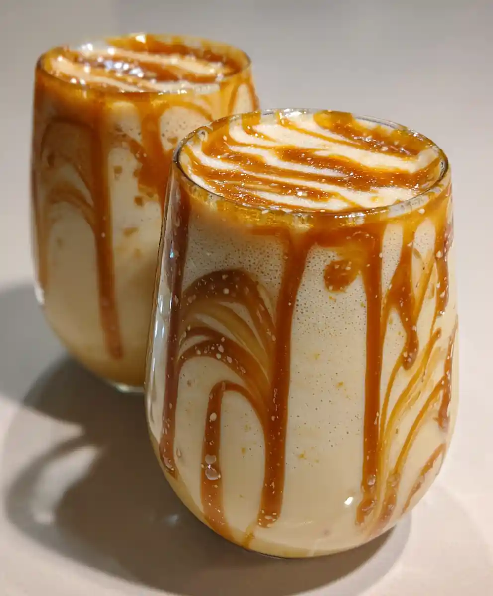banana milkshake recipe Thick Pour with Caramel Stripe