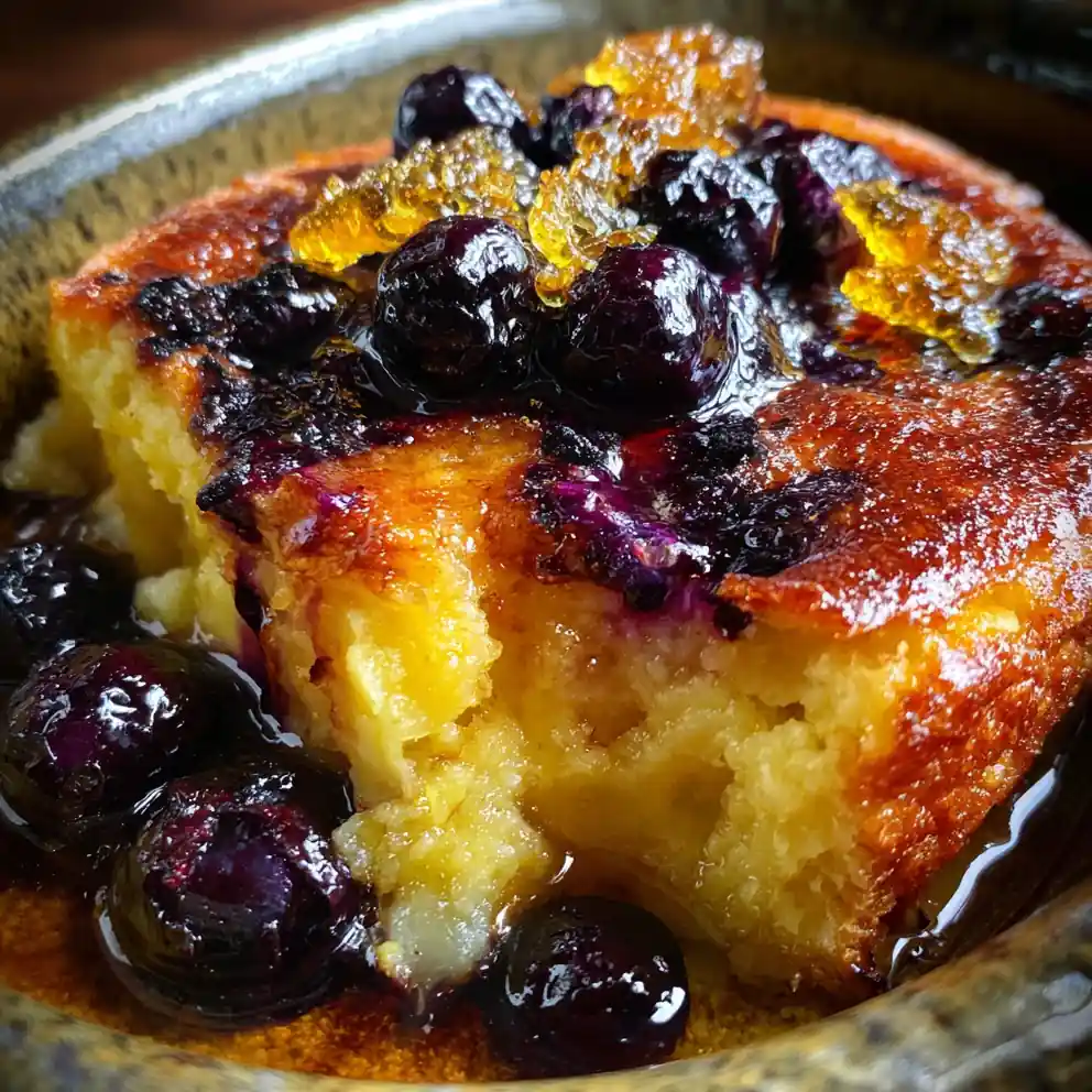 cornbread pudding recipe With Golden Honeycomb And Blueberry Stain