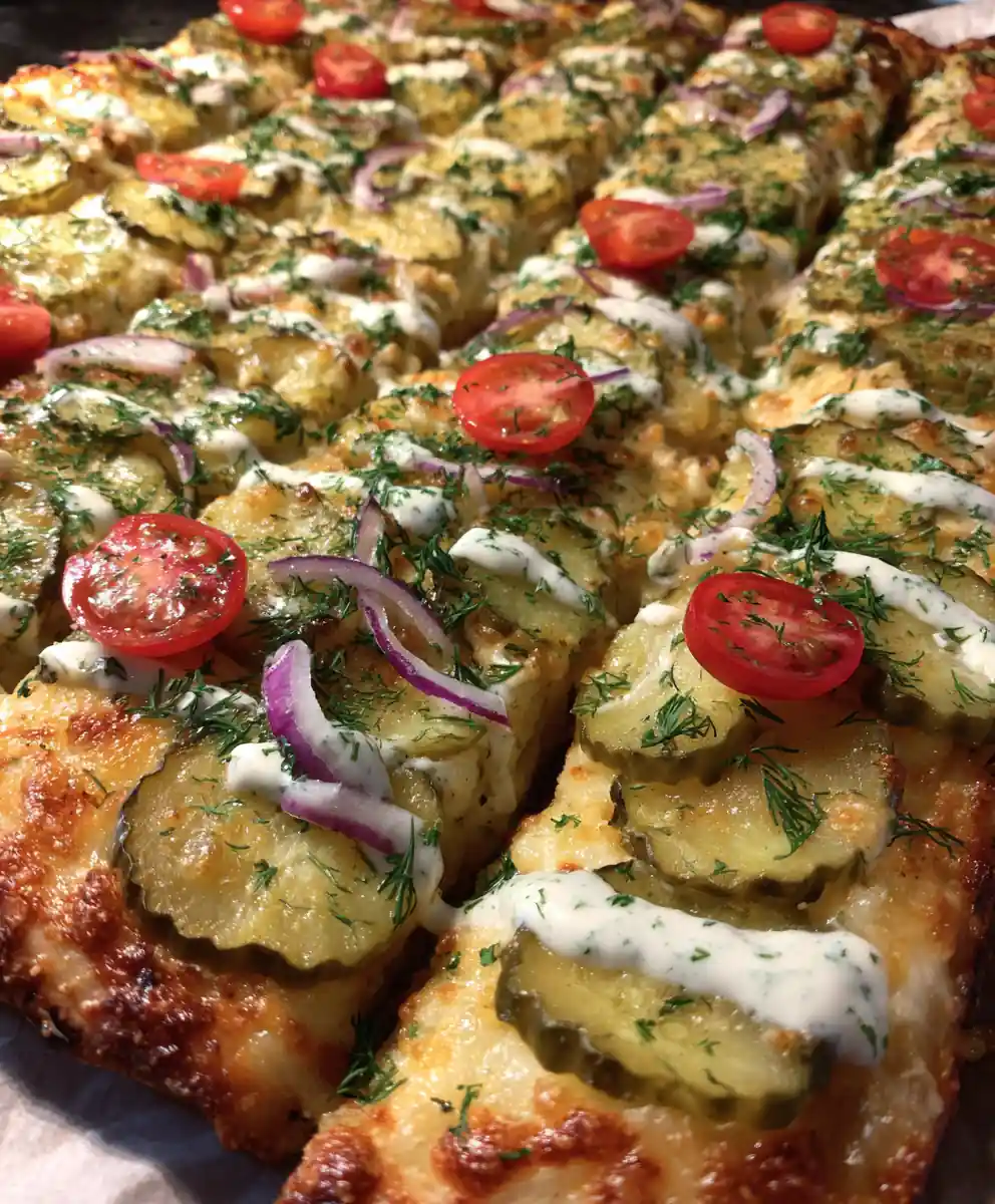 pickle pizza recipe Dill Chip Mosaic with Garlic Ranch Drizzle