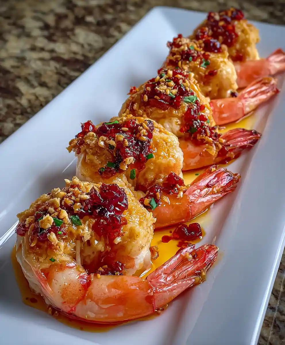 stuffed shrimp recipe Crab-Filled Butterflied with Chili Oil Drip