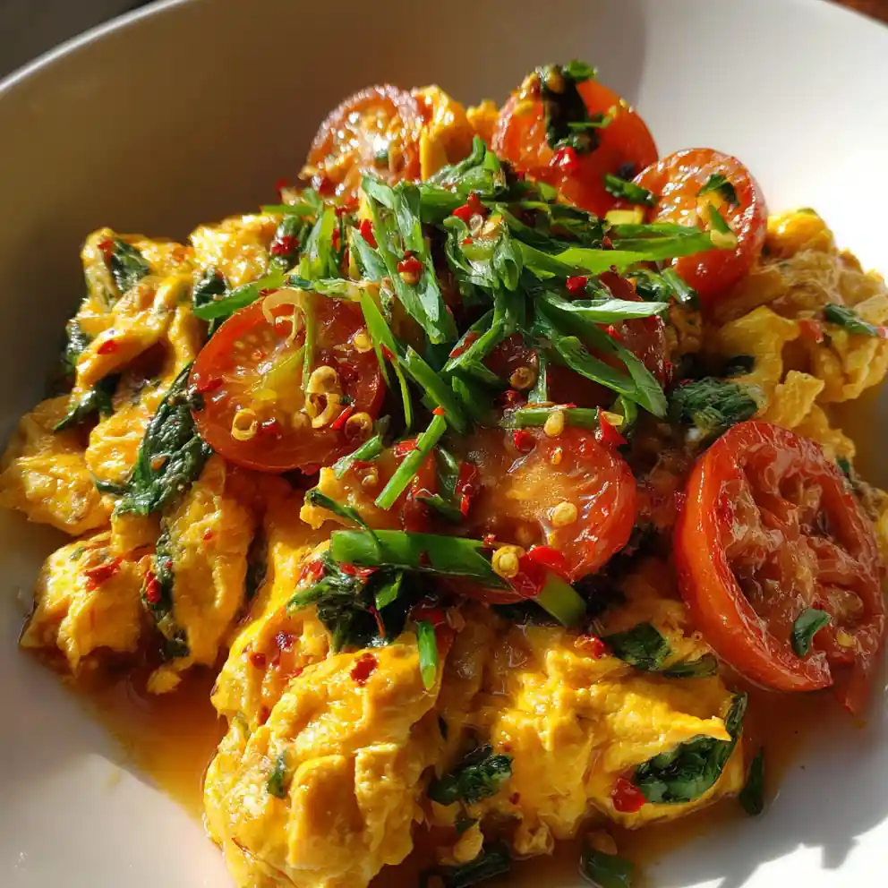 tomato egg recipe With Scallion Green And Chili Red