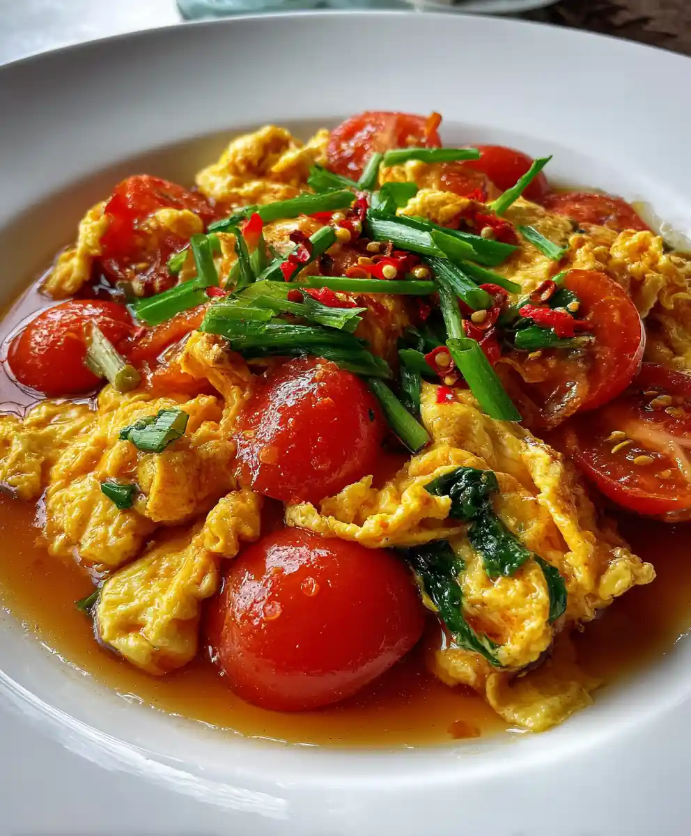 tomato egg recipe With Scallion Green And Chili Red
