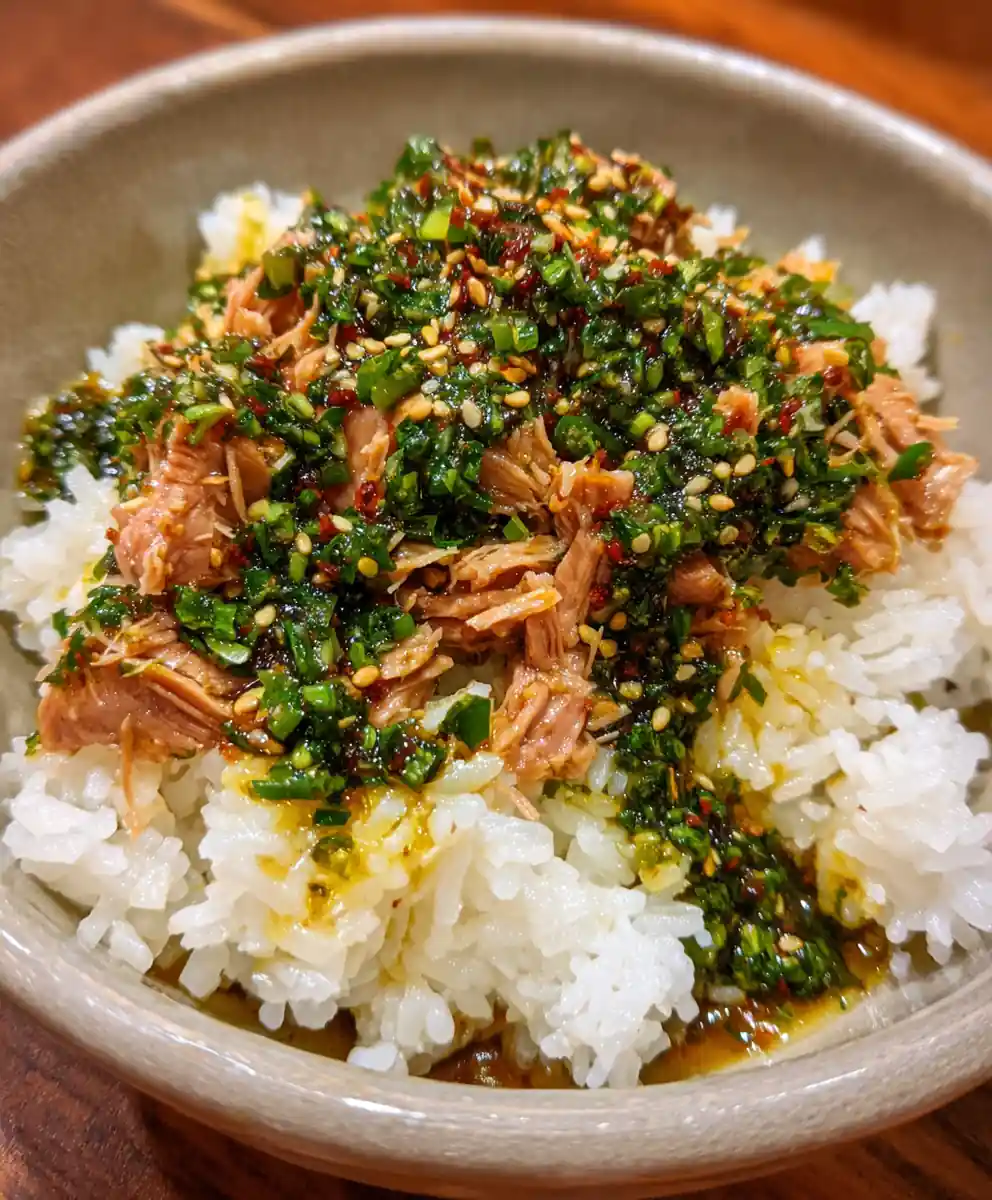 tuna and rice recipe With Jade Scallion Drizzle
