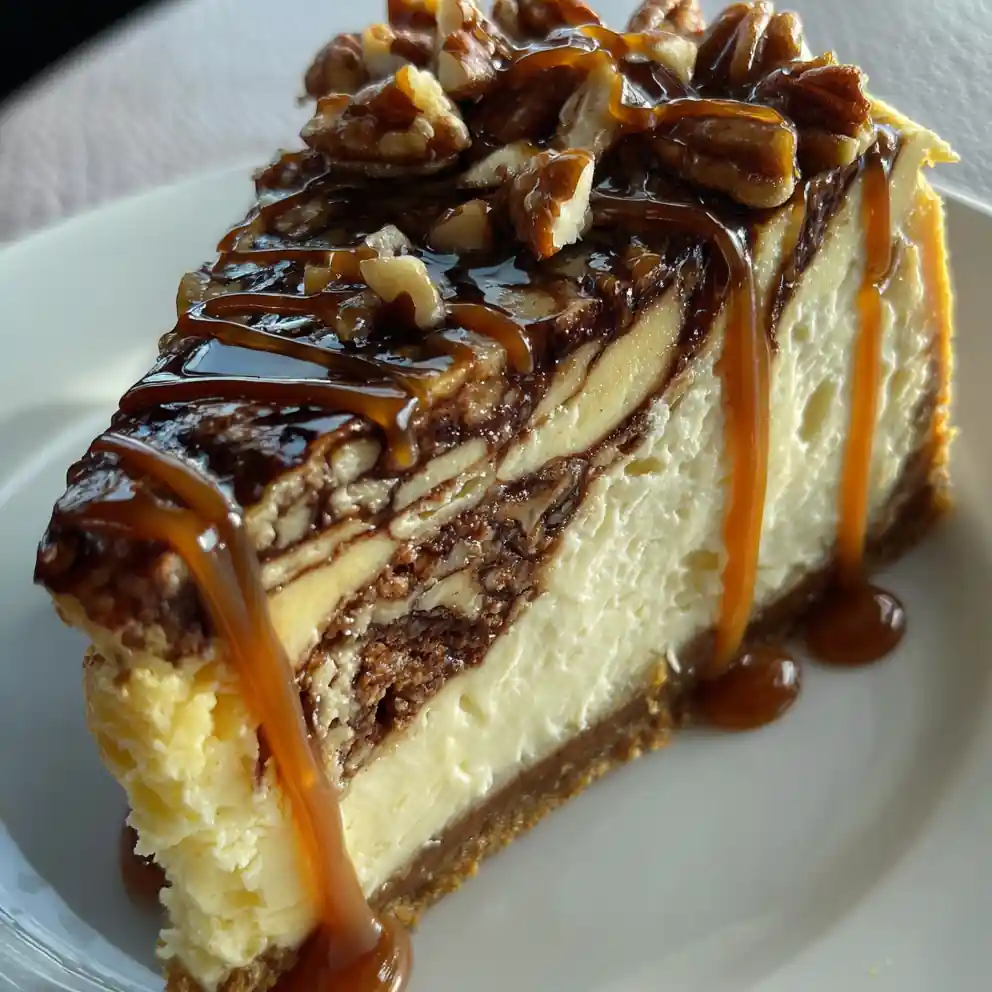 turtle cheesecake recipe With Caramel-Pecan Lace And Cocoa Swirl