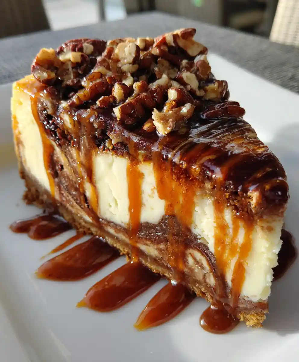 turtle cheesecake recipe With Caramel-Pecan Lace And Cocoa Swirl