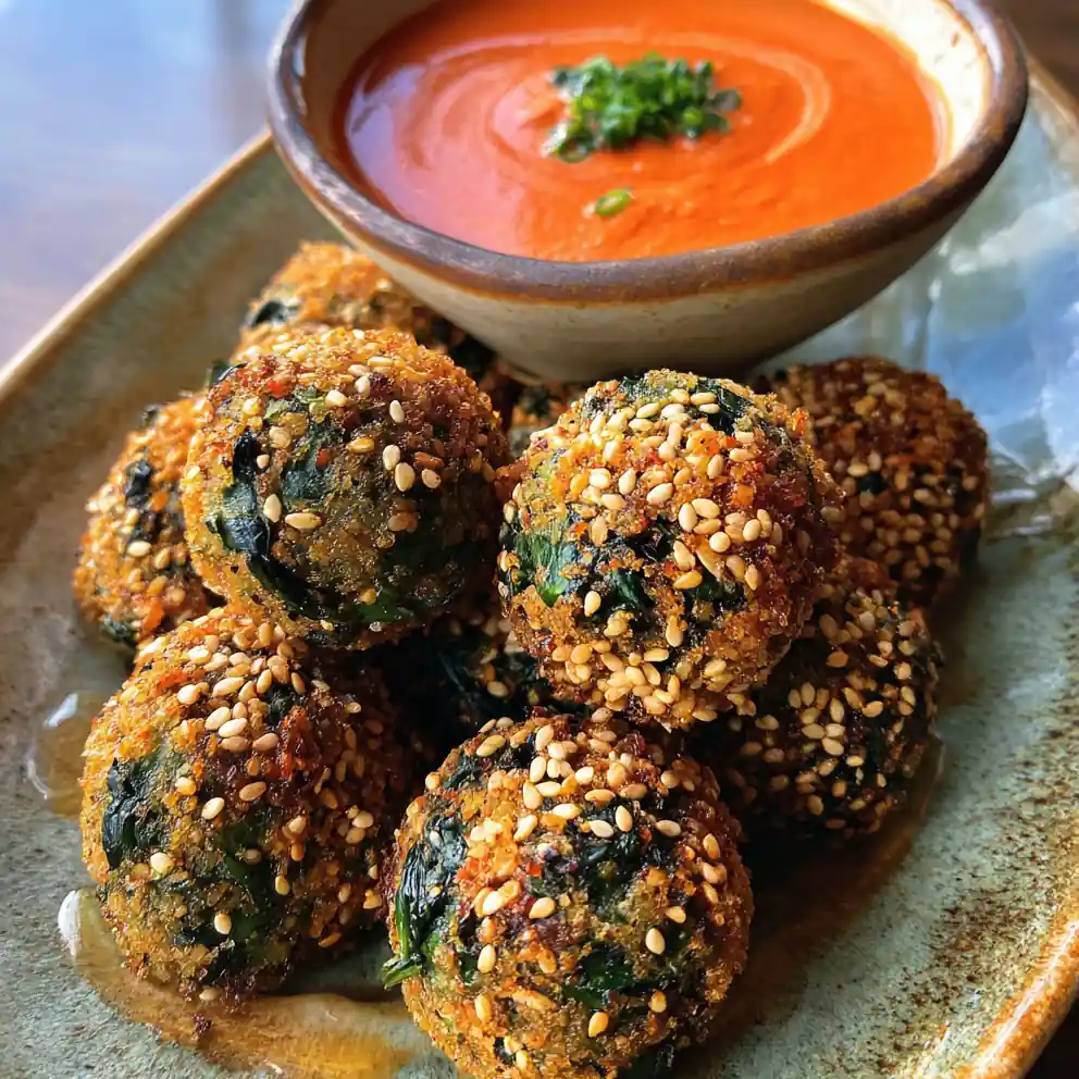 spinach balls recipe Sesame-Crusted With Red Pepper Dip