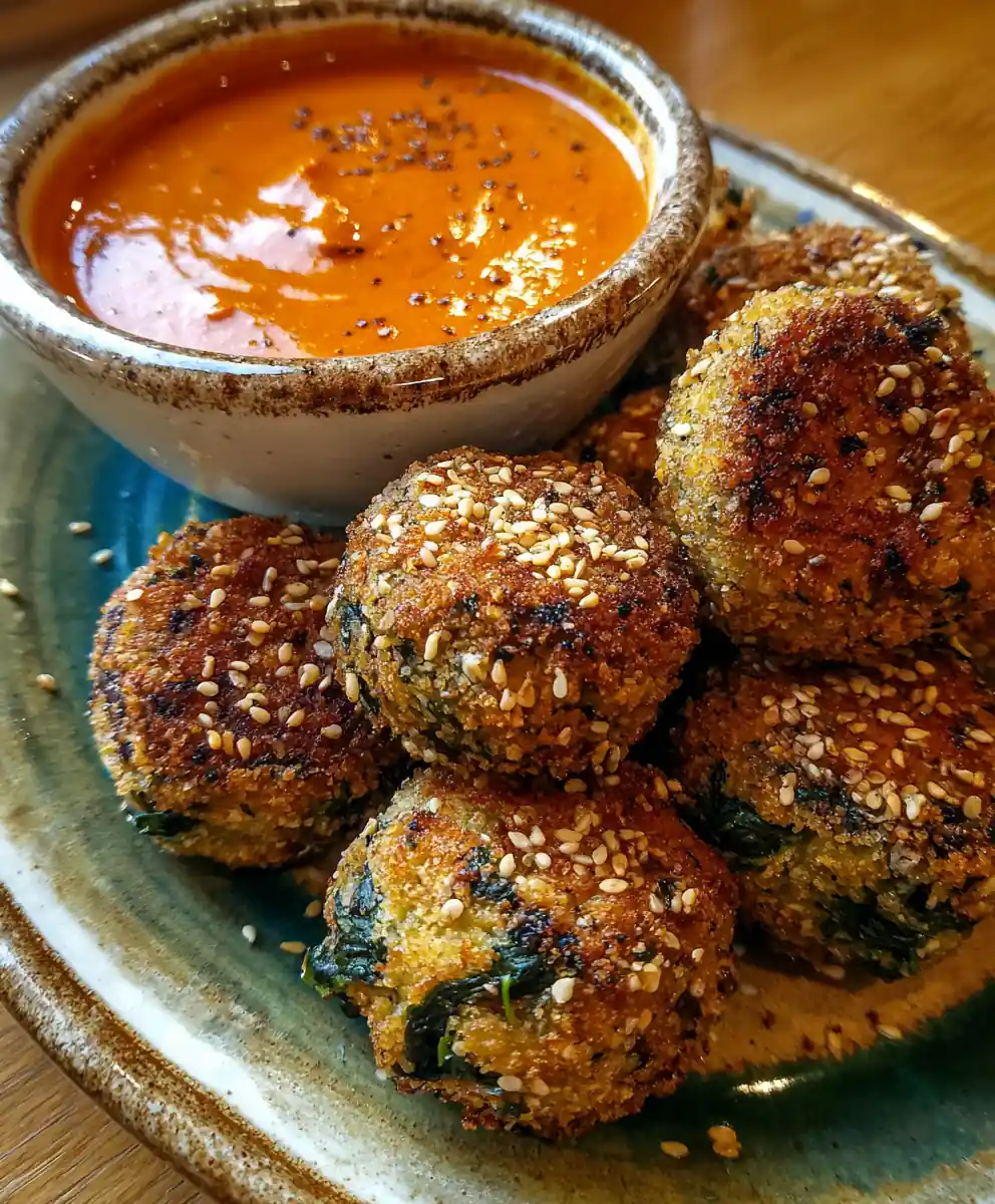 spinach balls recipe Sesame-Crusted With Red Pepper Dip