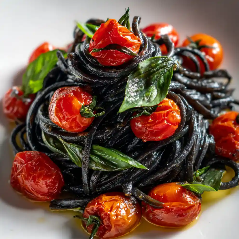 squid ink pasta recipe Cherry Tomato and Basil Contrast