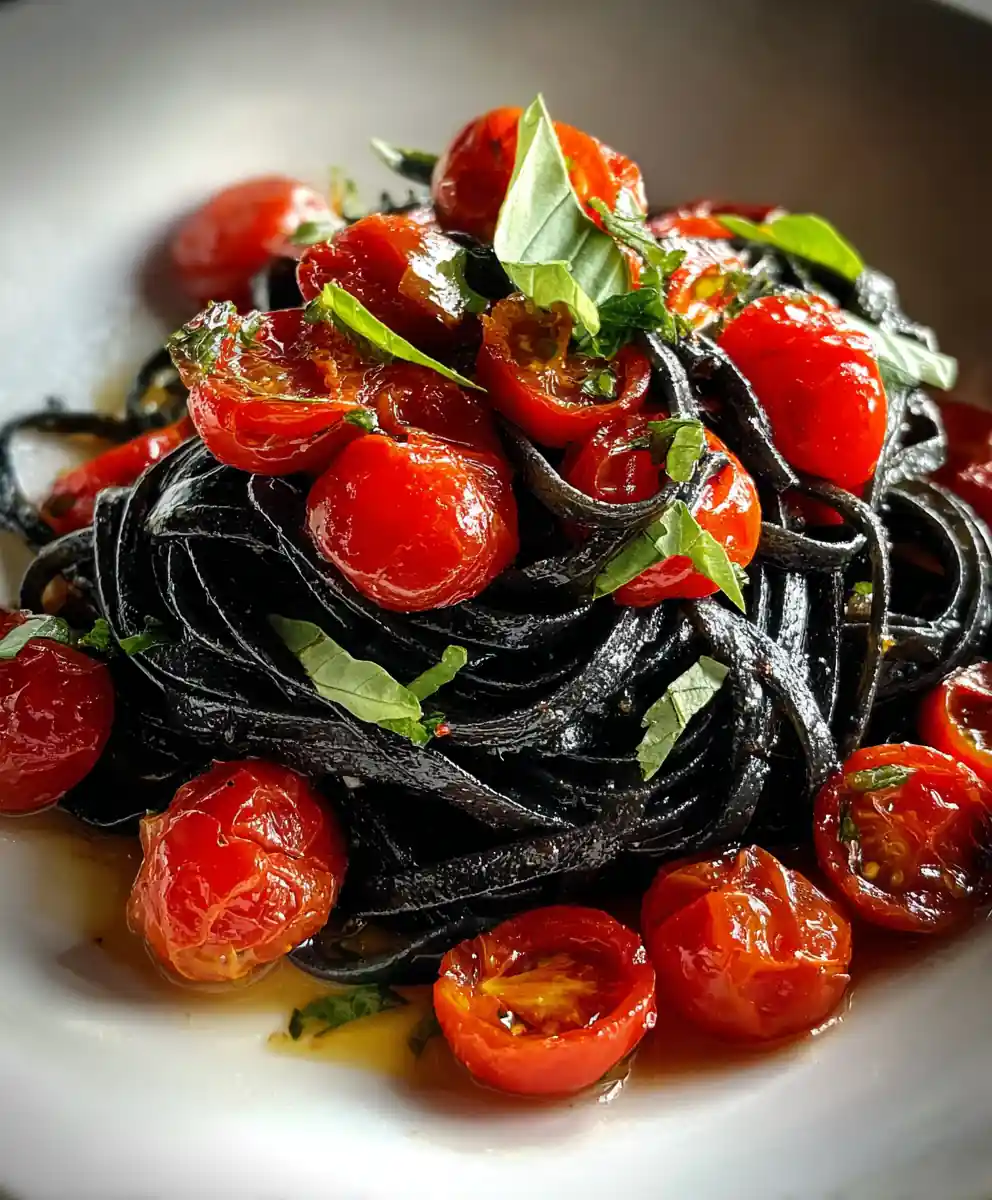 squid ink pasta recipe Cherry Tomato and Basil Contrast