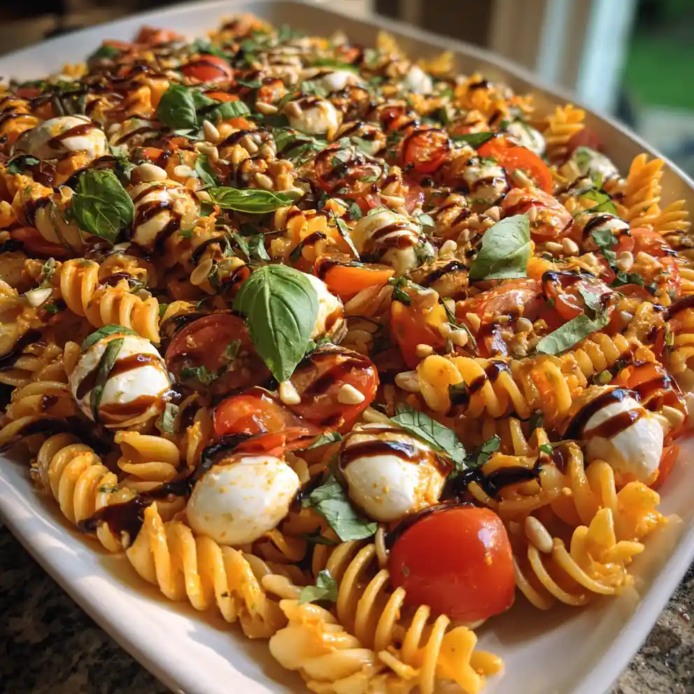Caprese Pasta Salad With Roasted Red Pepper Cream And Balsamic Glaze 1772082091.226143