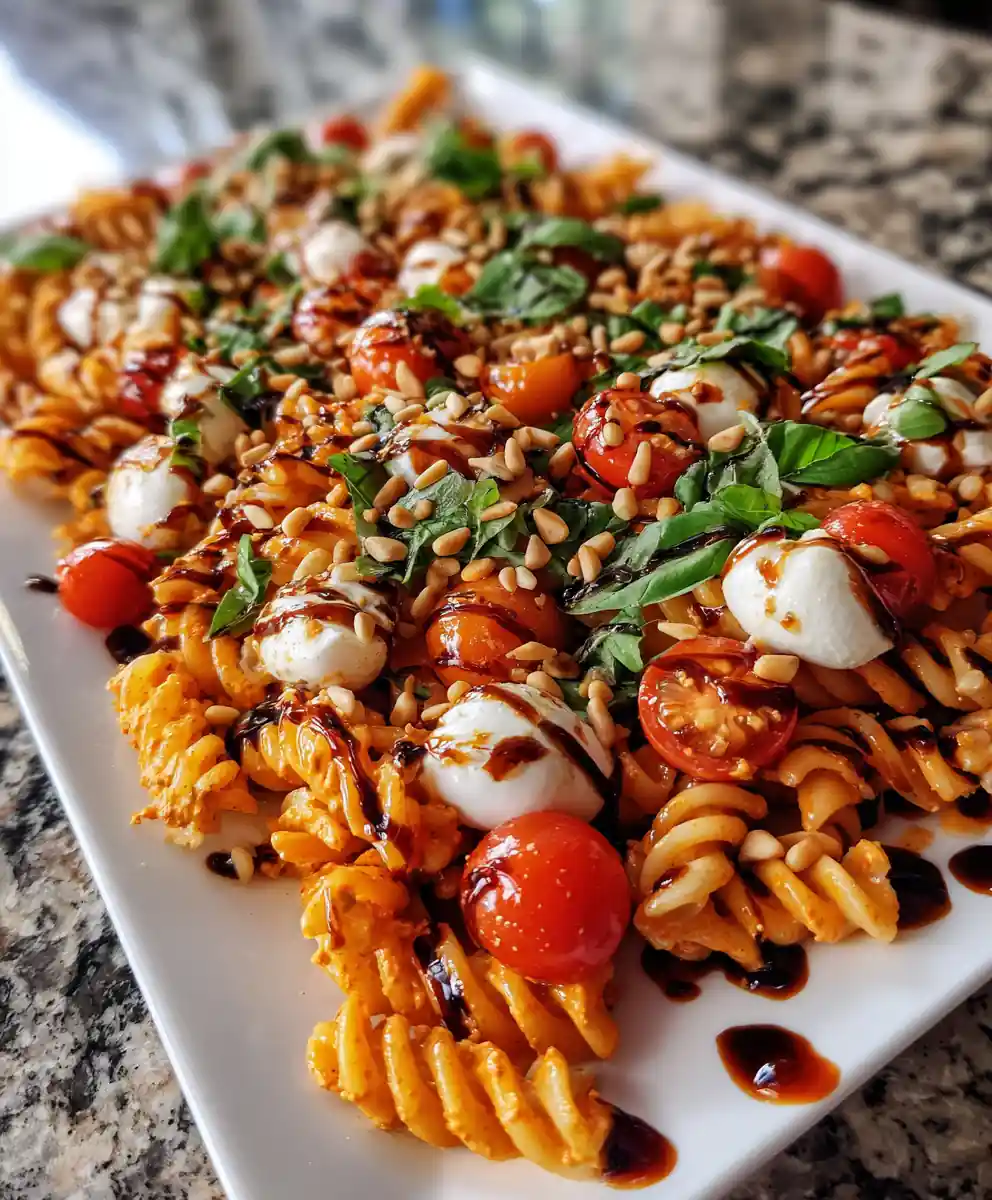 Caprese Pasta Salad With Roasted Red Pepper Cream And Balsamic Glaze