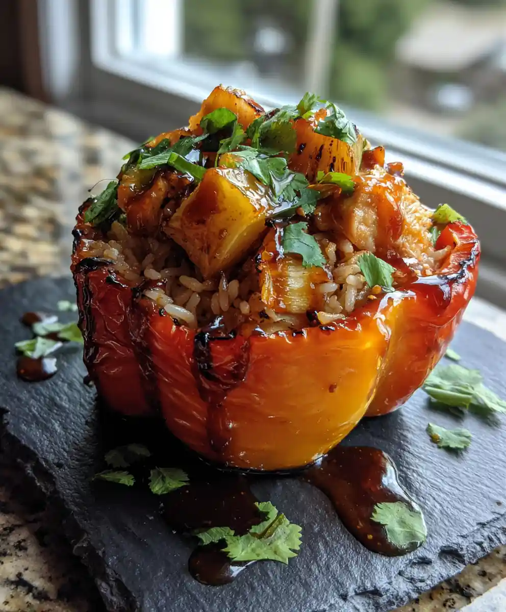 Caramelized Pineapple Ginger Teriyaki Chicken & Rice Stuffed Peppers
