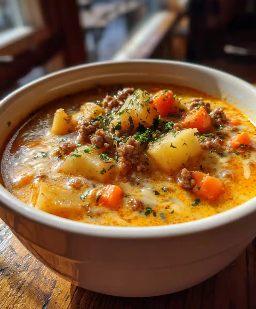 Cheesy Potato Hamburger Soup With Herb Cheddar Ribbon