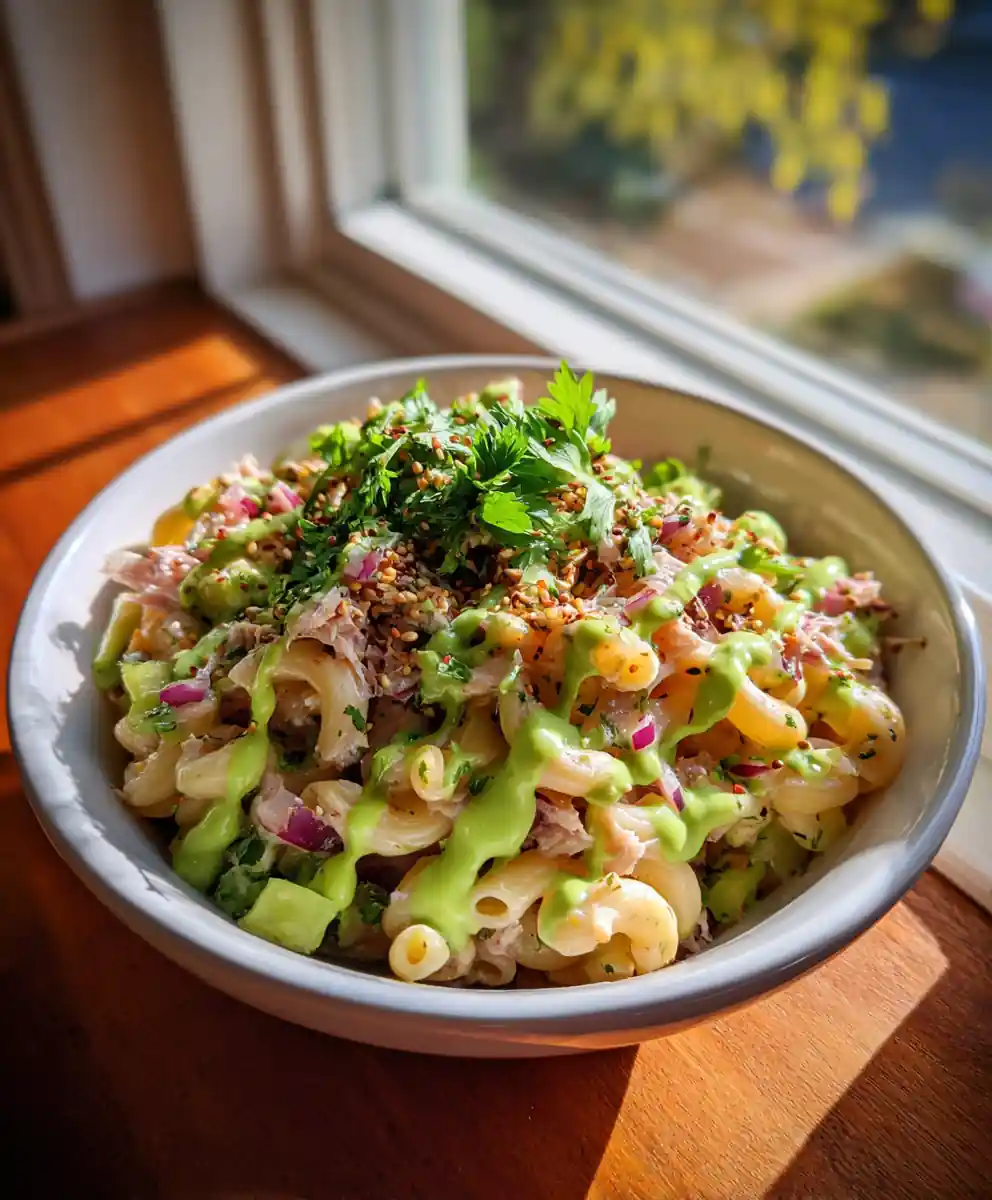 Citrus Miso Tuna Macaroni Salad With Avocado Lime Drizzle