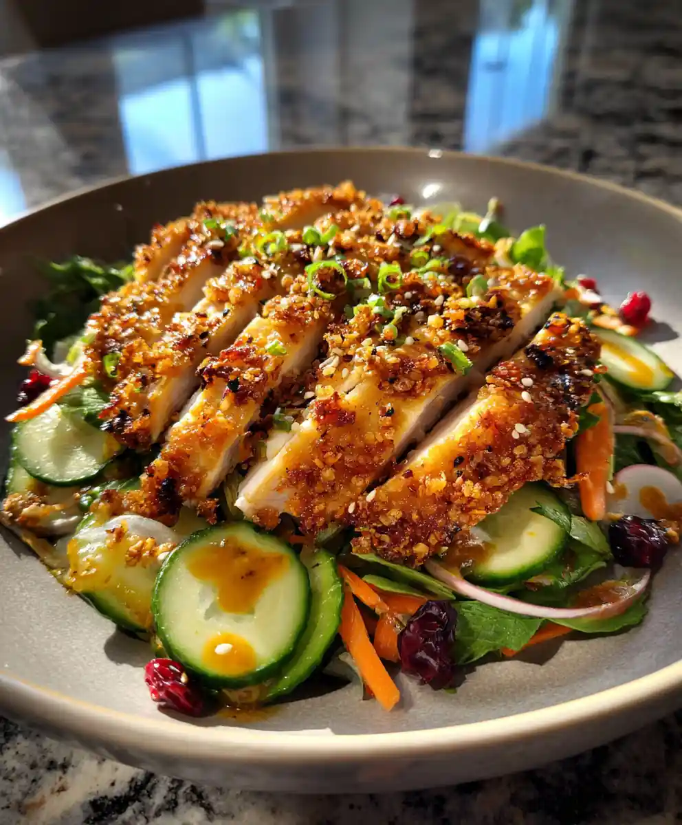 Crispy Sesame Chicken Asian Salad With Coconut Lime Drizzle And Cranberries