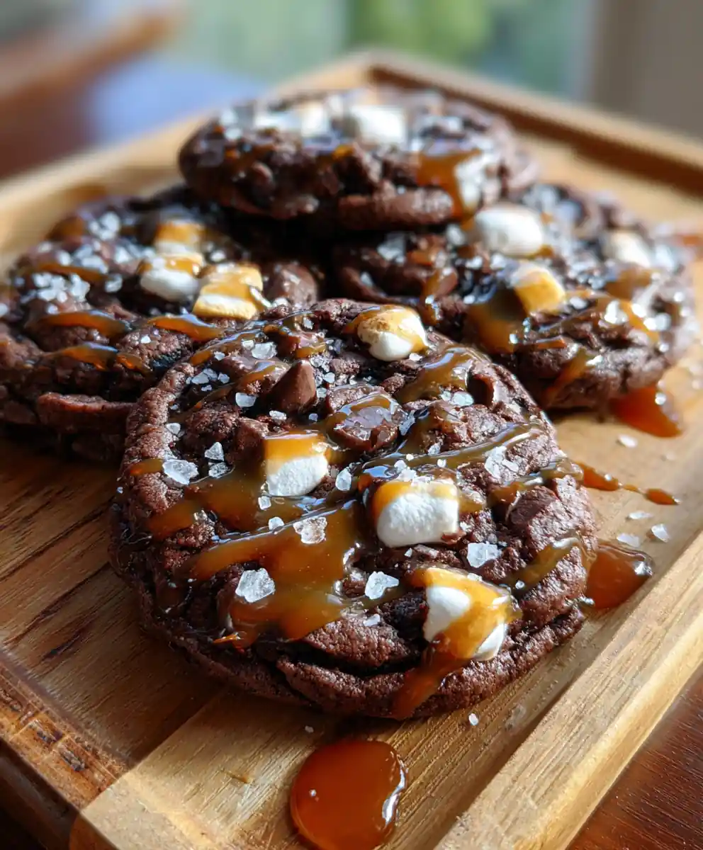 Fluffy Marshmallow Chocolate Cookies With Caramel Drizzle