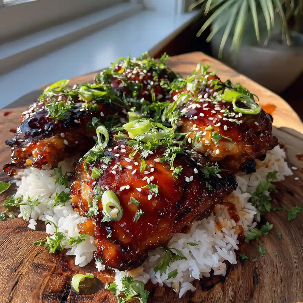Honey Bbq Chicken With Miso Glaze Over Fragrant Rice