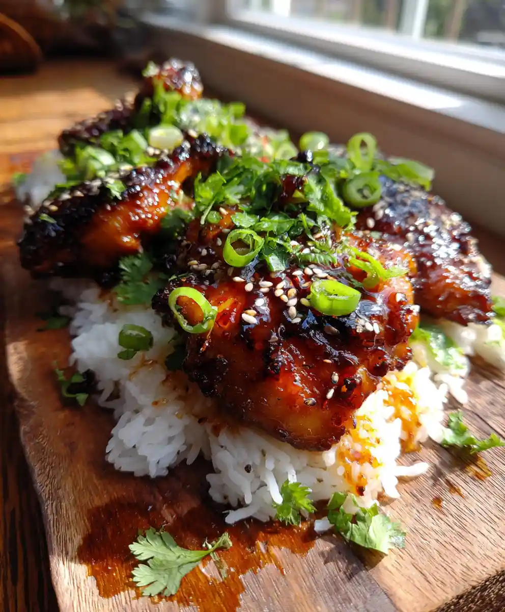 Honey Bbq Chicken With Miso Glaze Over Fragrant Rice
