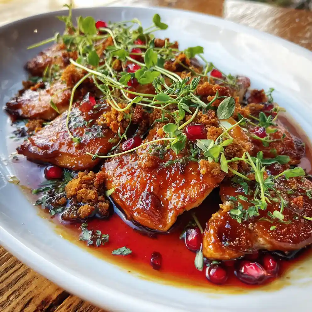 Maple Glazed Chicken Thighs With Smoked Turkey Crumble And Dijon Pomegranate Cream Sauce 1772066917.418579