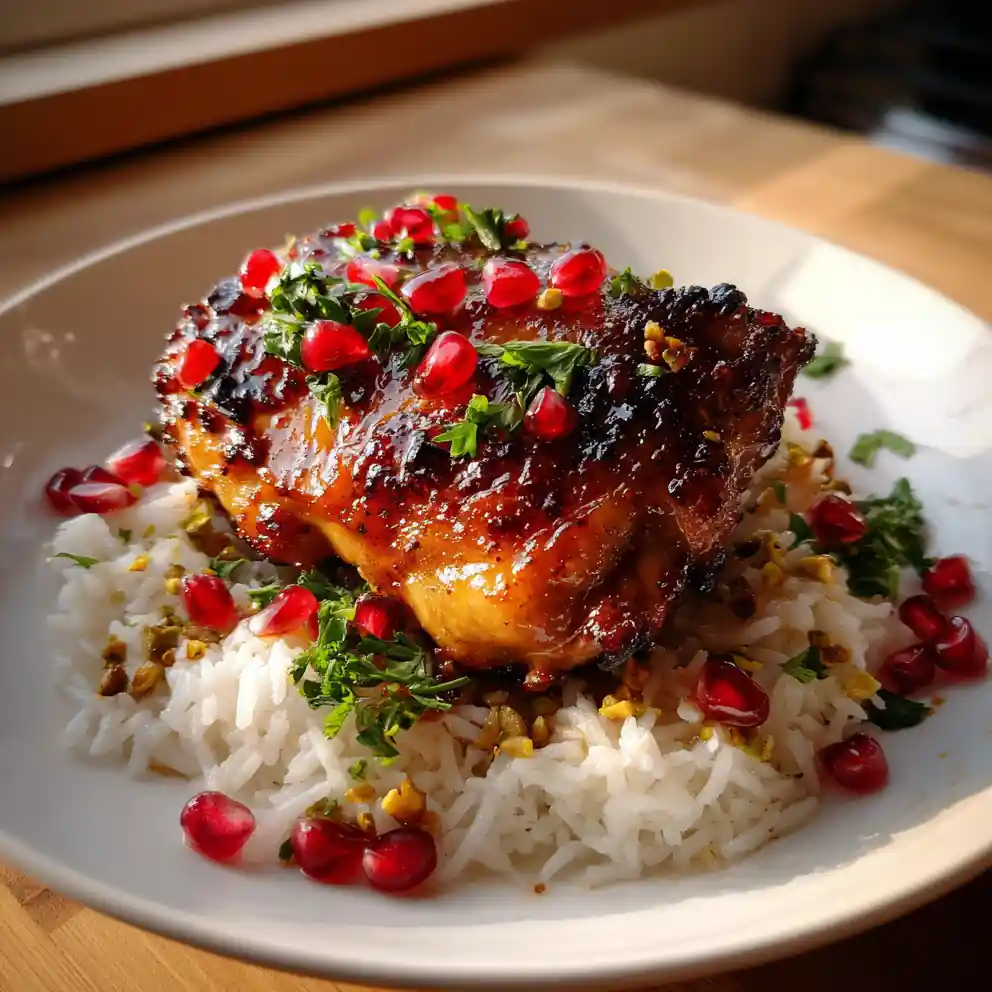 Pomegranate Glazed Creamy Smothered Chicken And Rice