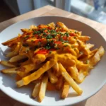 Roasted Red Pepper Cheese Sauce Over Crispy Fries 1772019823.6451085