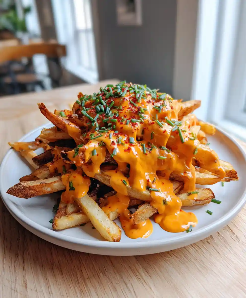 Roasted Red Pepper Cheese Sauce Over Crispy Fries