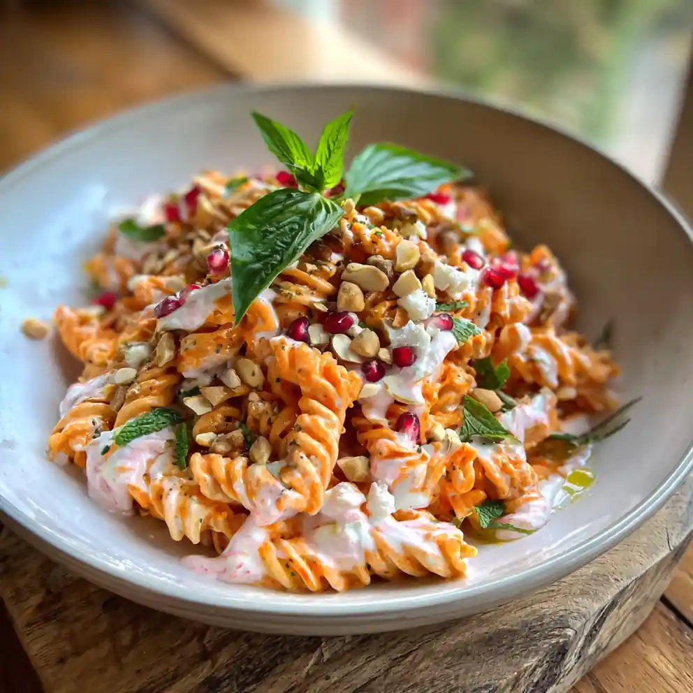 Roasted Red Pepper Yogurt Pasta Salad With Pine Nut Crunch 1772077816.2455583