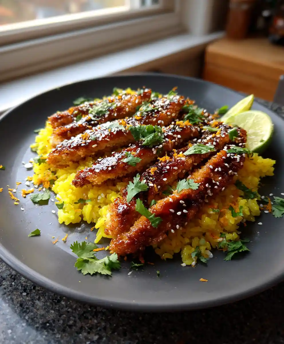 Smoky Chipotle Honey Bbq Chicken With Sesame Crunch Over Turmeric Rice