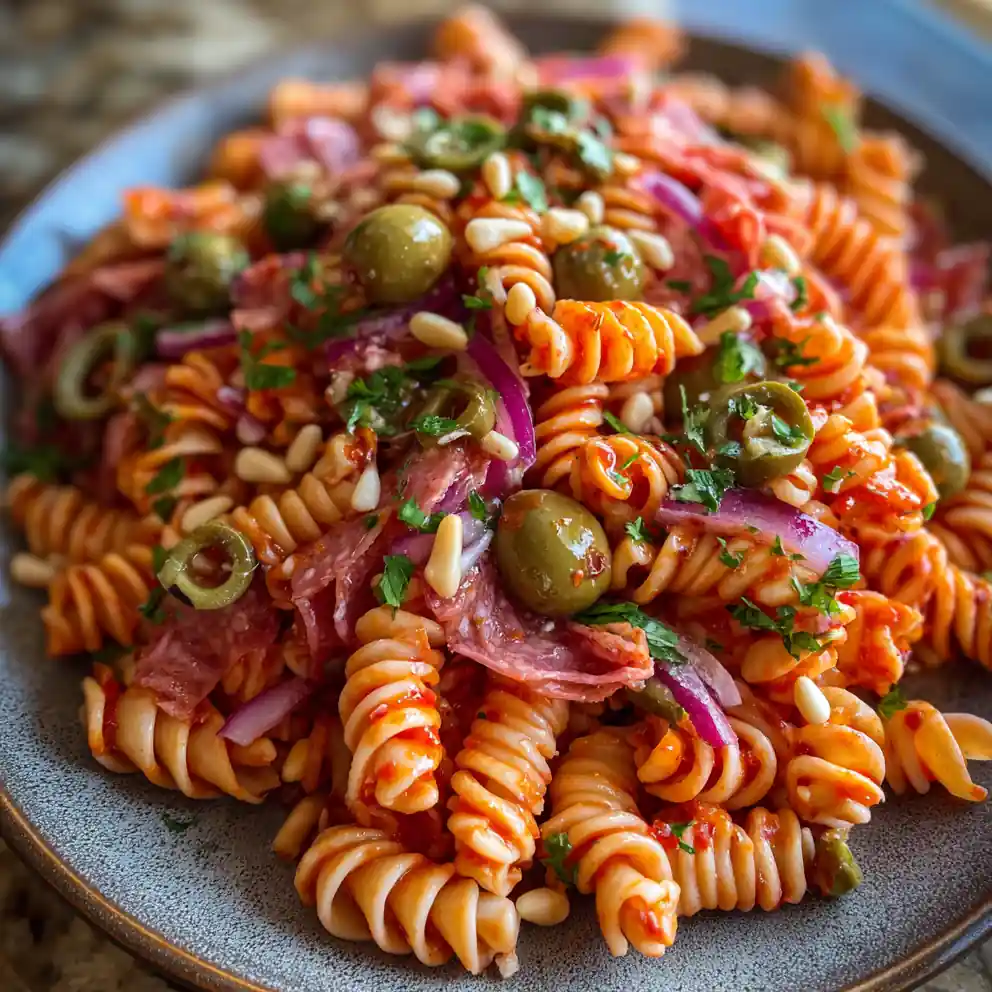 Smoky Roasted Red Pepper Muffuletta Pasta Salad With Olive Vinaigrette Swirl 1772026132.3436544
