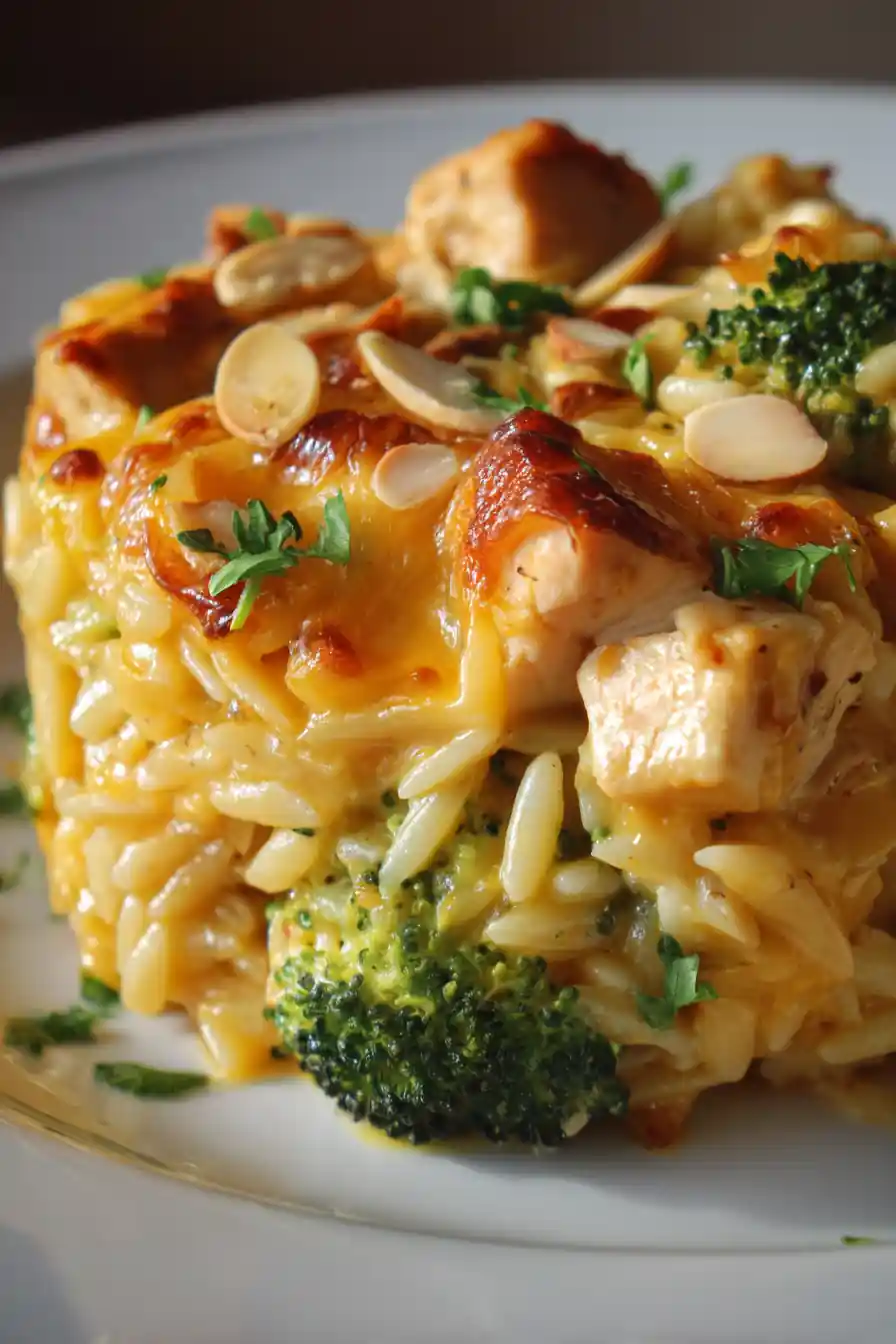 Cheesy Chicken Broccoli Orzo Bake