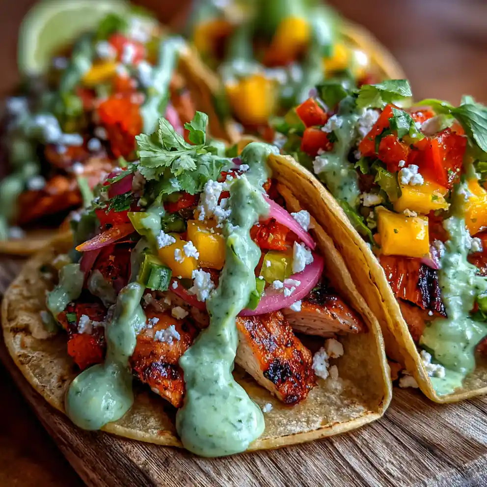 Chicken Street Tacos With Mango Salsa & Avocado Crema