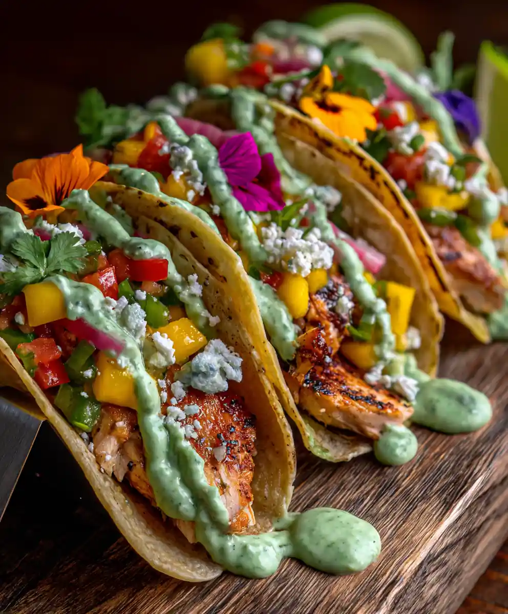 Chicken Street Tacos With Mango Salsa & Avocado Crema