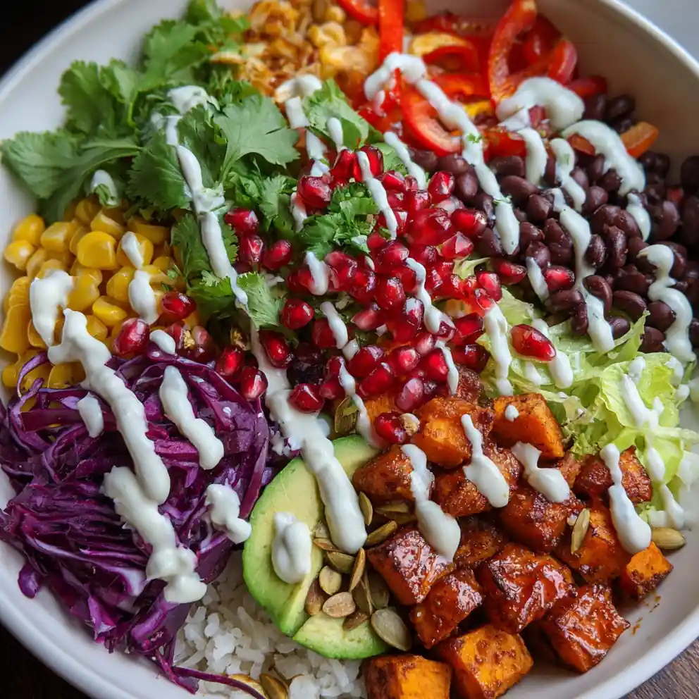 Vegan Sweet Potato Burrito Bowl With Lime Crema And Pomegranate 1772918979.164963