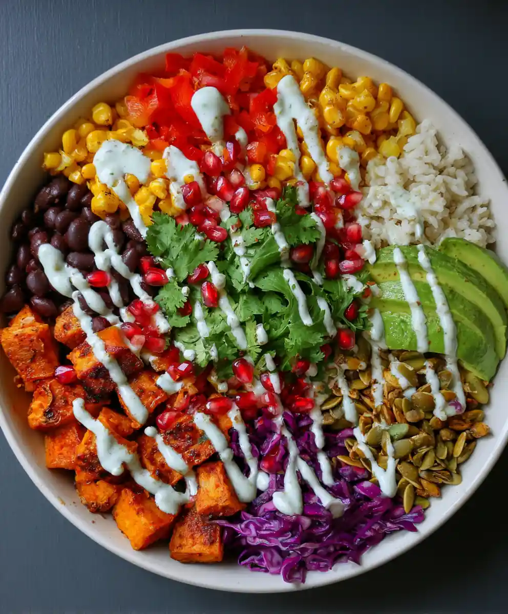 Vegan Sweet Potato Burrito Bowl With Lime Crema And Pomegranate